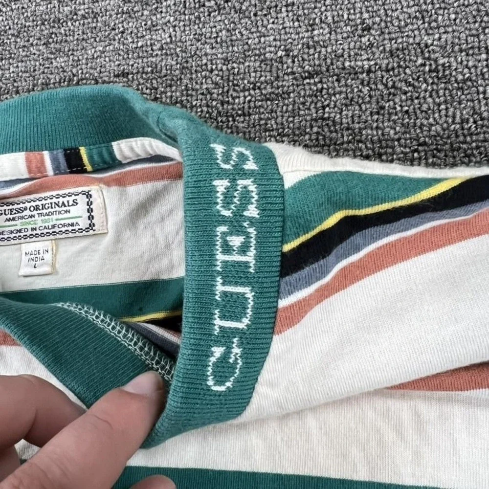 Vintage Guess Originals Shirt Mens Large Green Striped Logo Crewneck Tee‎ 90s - Picture 3 of 14